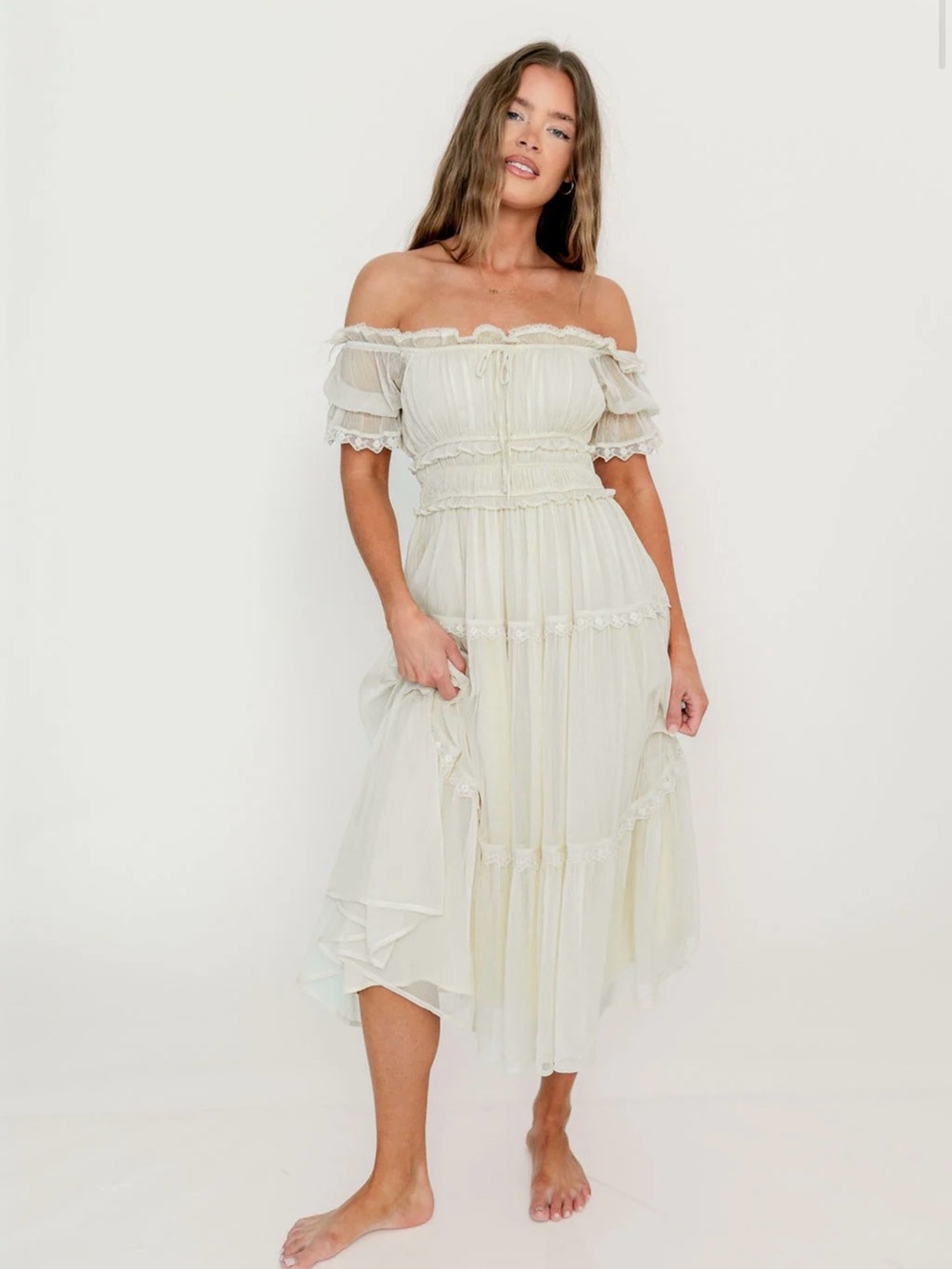 Worth Collective Marla Lace Chiffon Maxi Dress in Butter Cream NWT Size Large